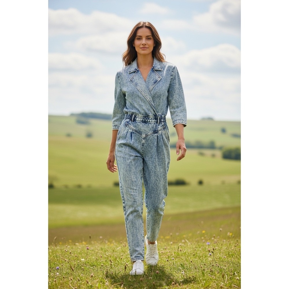 Mizz Lizz Vintage 80s Acid Wash Denim Jumpsuit Women Size 9/10 Blue Cotton Wrap